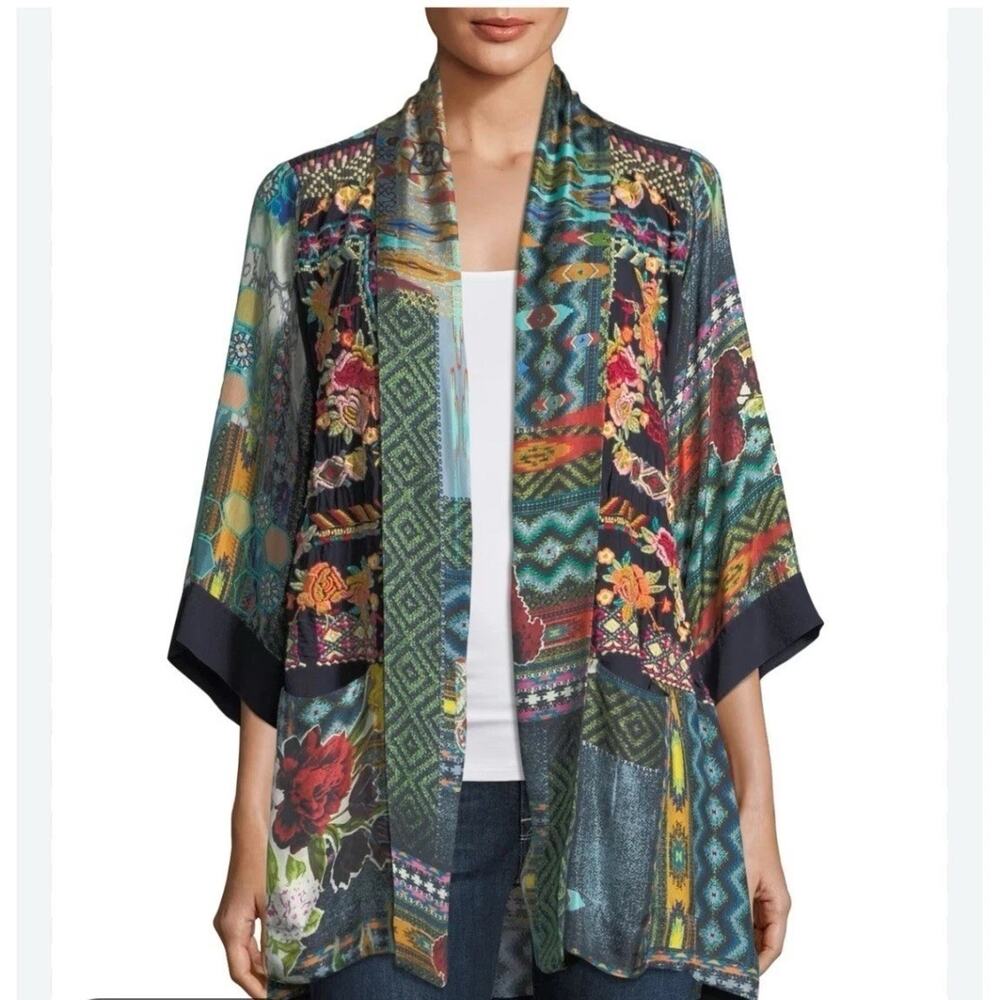 Johnny Was 100% Silk Koben Journal Embroidered Kimono Jacket Boho Floral Small
